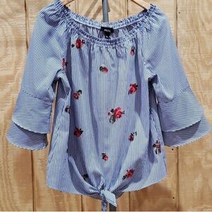 Alyx Blue White Floral Applique Stripe Bell Sleeve Tie Front Top Size M